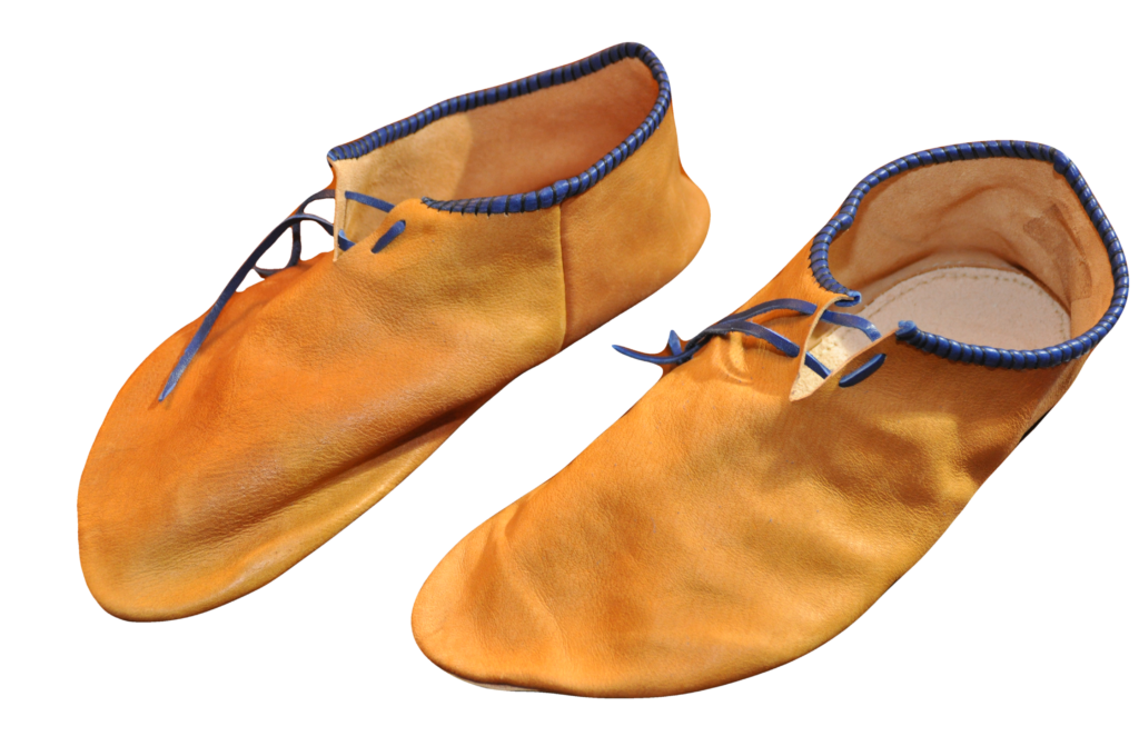 light brown shoes with blue leather edging